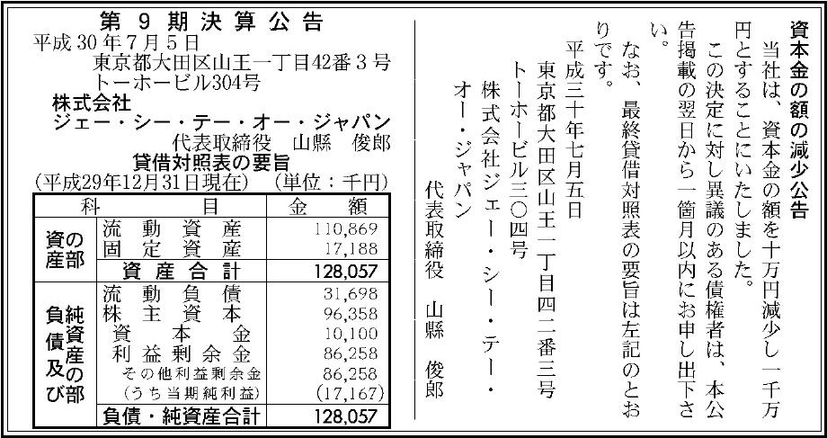 株式会社ジェー シー テー オー ジャパン 第9期決算公告 官報決算データサービス