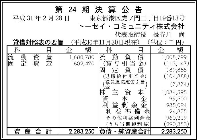 トーセイ コミュニティ株式会社 第24期決算公告 官報決算データサービス