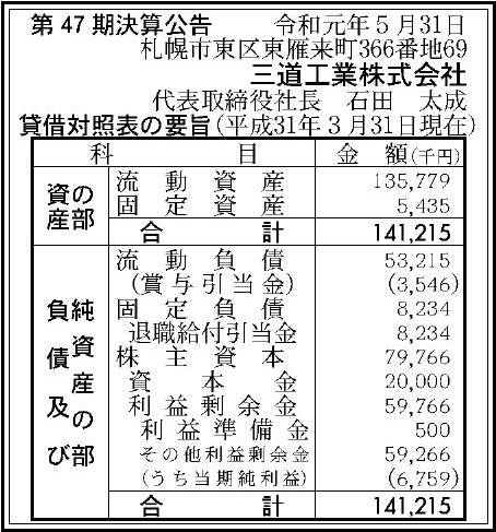三道工業株式会社 第47期決算公告 官報決算データサービス