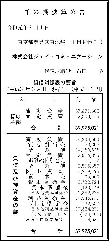 株式会社ジェイ コミュニケーション 第22期決算公告 官報決算データサービス