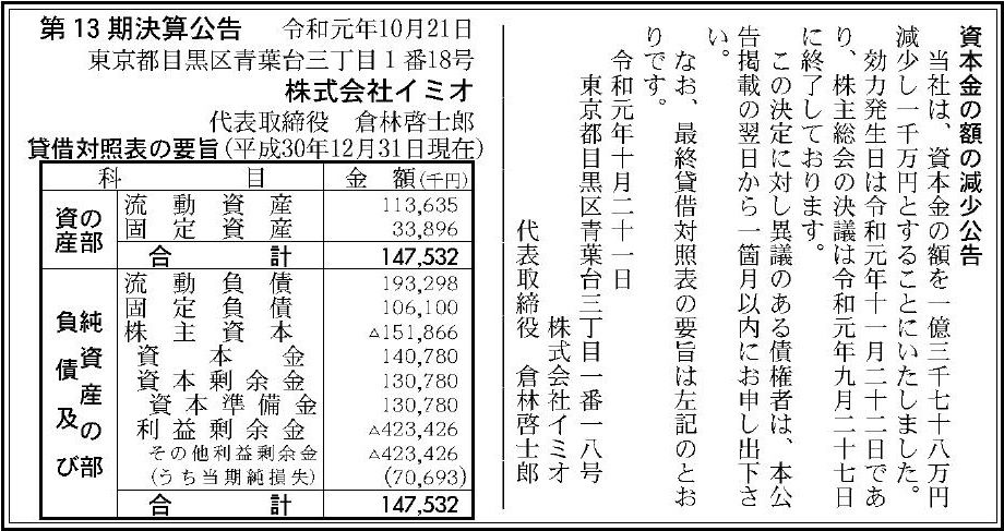 株式会社イミオ 第13期決算公告 官報決算データサービス