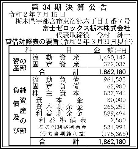 富士ゼロックス栃木株式会社 第34期決算公告 官報決算データサービス