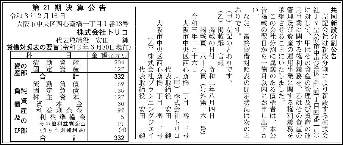 株式会社トリコ 第21期決算公告 官報決算データサービス