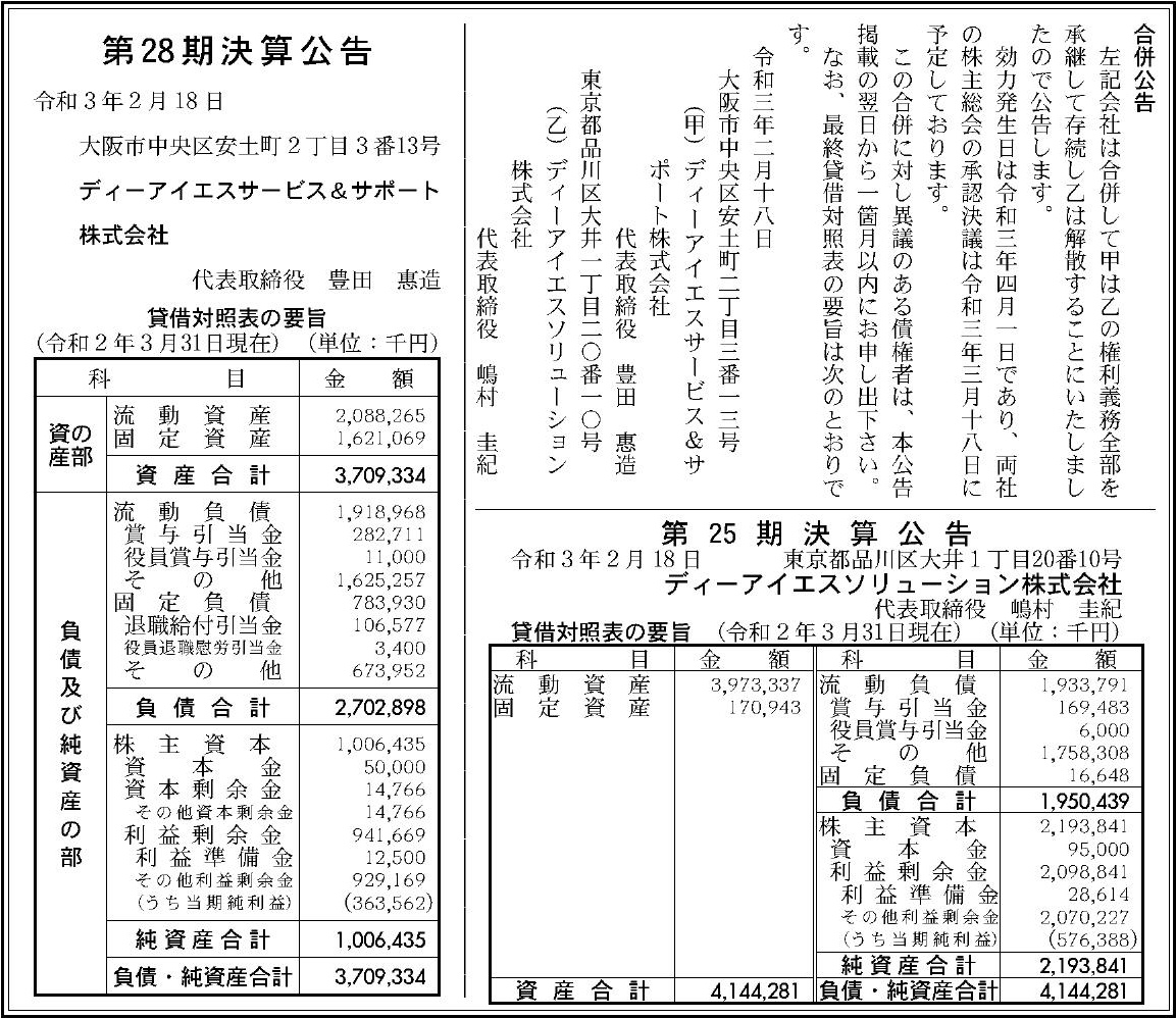 ディーアイエスサービス サポート株式会社 第28期決算公告 官報決算データサービス