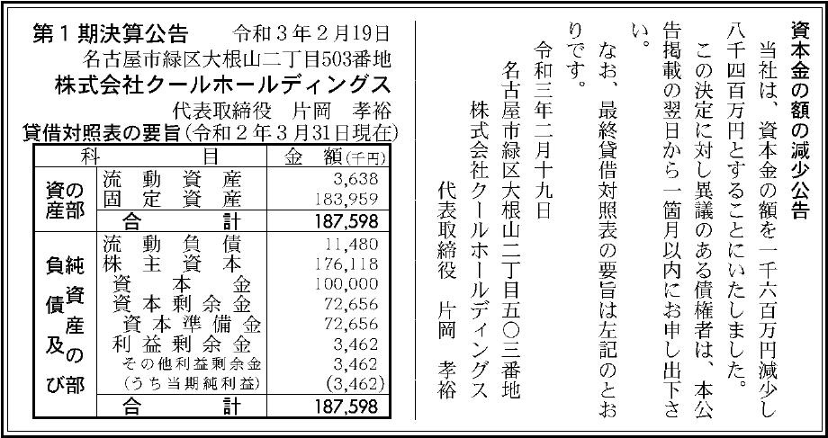 株式会社クールホールディングス 第1期決算公告 官報決算データサービス