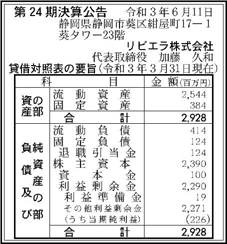 リビエラ株式会社 第 24 期決算公告 官報決算データサービス
